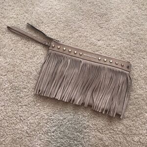 Michael Kors Billy XL Fringe Suede Zip Clutch Grey Studded